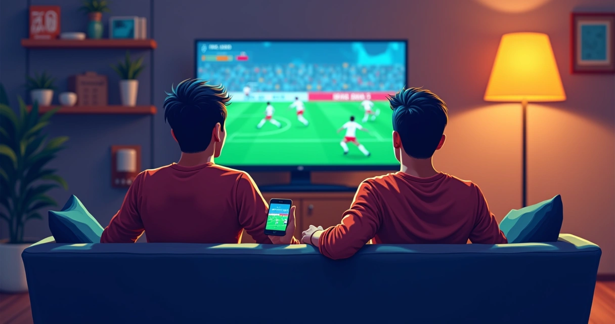 Pessoa assistindo partida de futebol ao vivo com celular mostrando estatísticas 