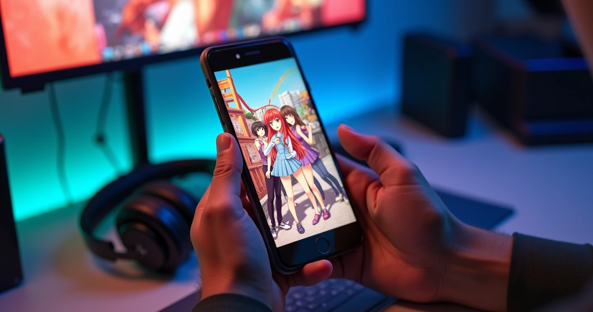 Pessoa assistindo anime colorido no celular 