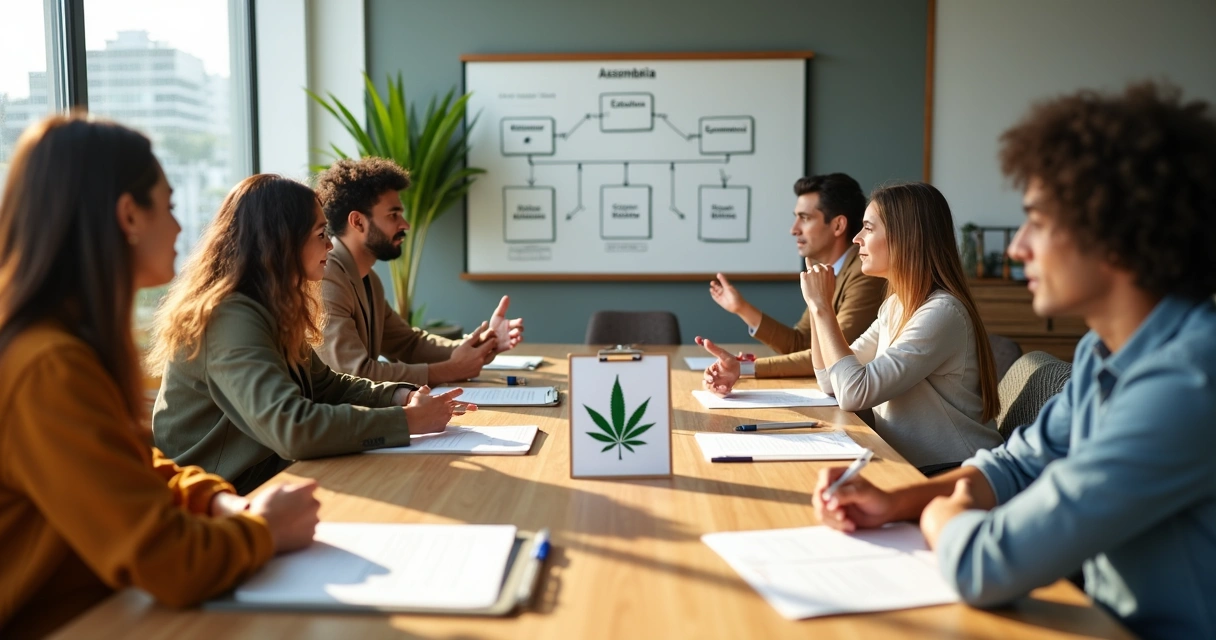 Reunião de associação de cannabis com pessoas em círculo e símbolo da folha em destaque 