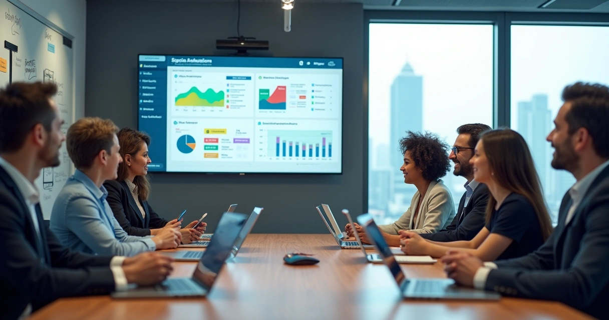 Mesa de reunião com líderes de associação de classe usando painel digital de gestão 