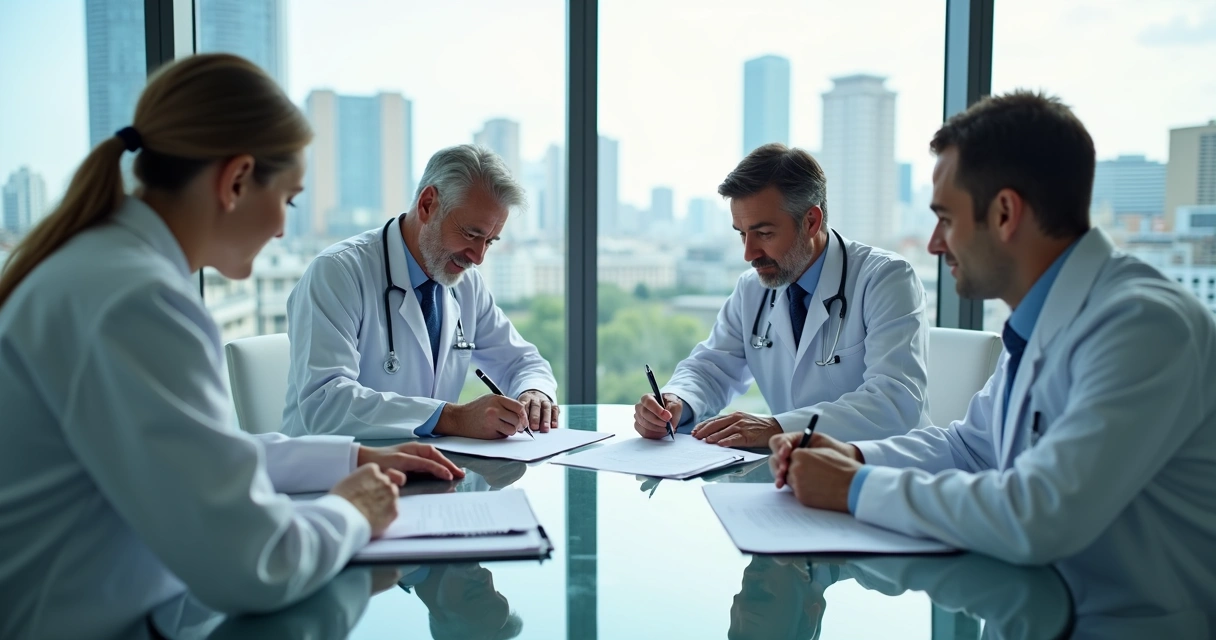 Dois médicos assinando contrato em ambiente profissional 