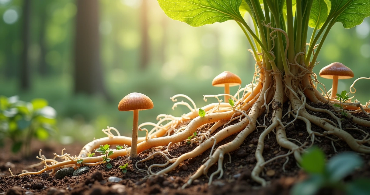 Associação de micorrizas em raízes de planta com cogumelos próximos 