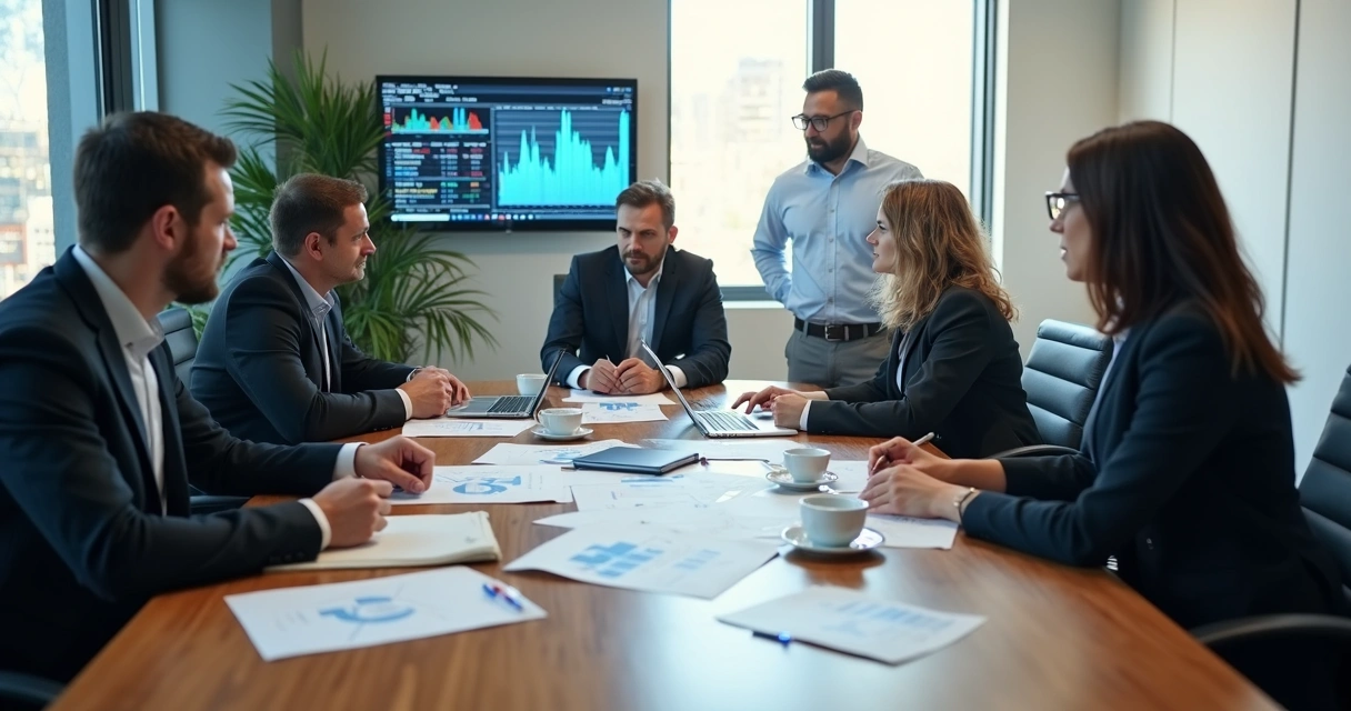 Grupo de associados analisando e discutindo gráficos em uma mesa. 