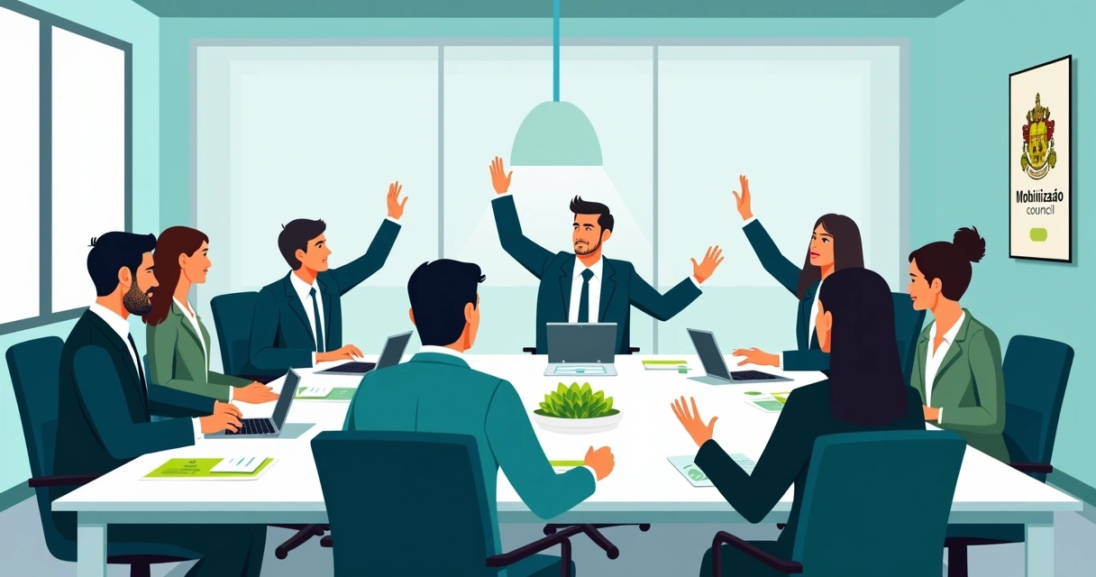 Sala com profissionais de diferentes áreas em reunião participativa 