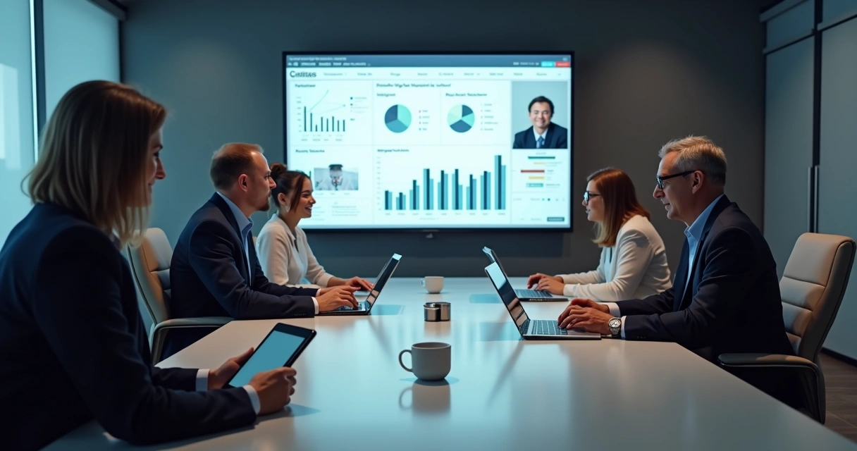 Diretoria de associação conduzindo reunião virtual com painel digital ao fundo 