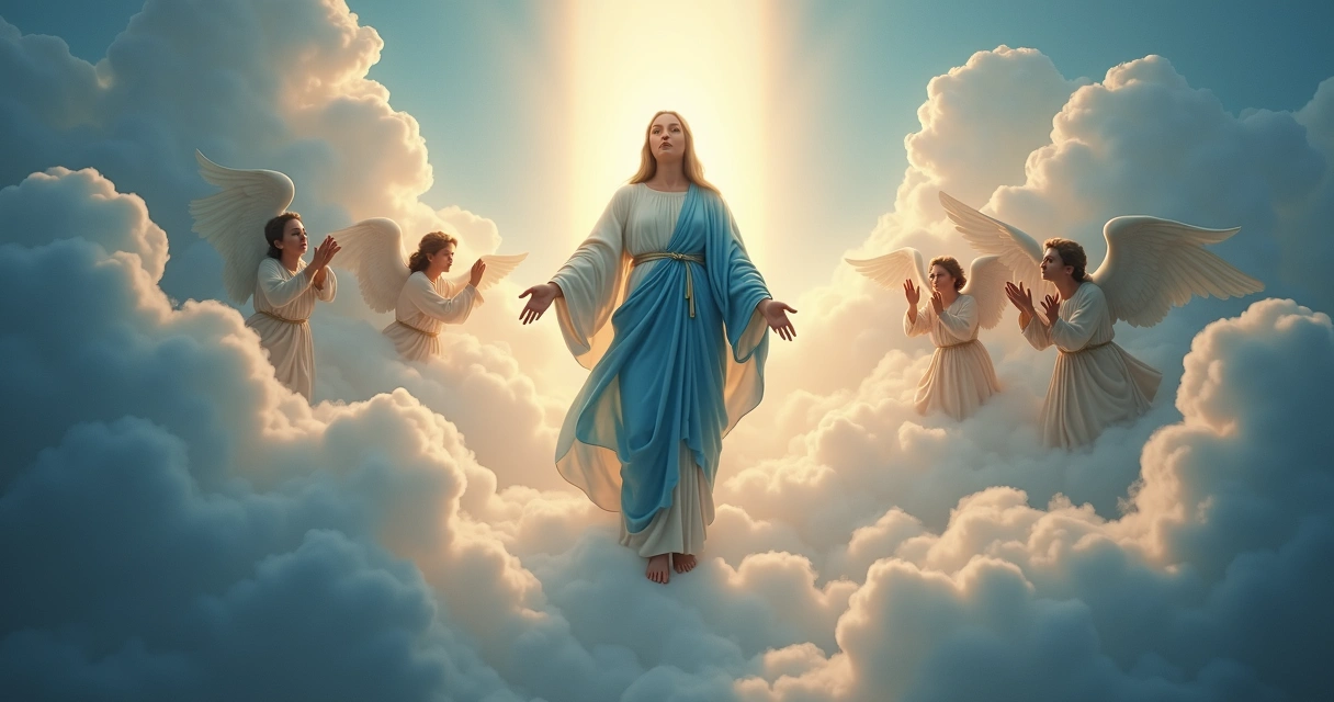 Assunção de Maria ao céu, cercada por nuvens, anjos ao redor 