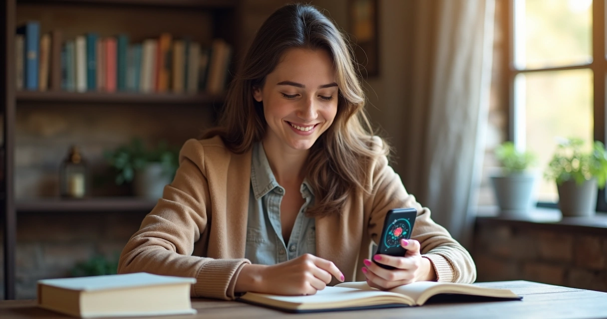 Mulher segurando celular mostrando gráficos astrológicos