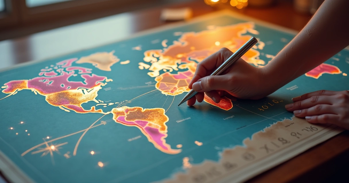 Mapa-múndi iluminado com linhas astrológicas coloridas ligando cidades 