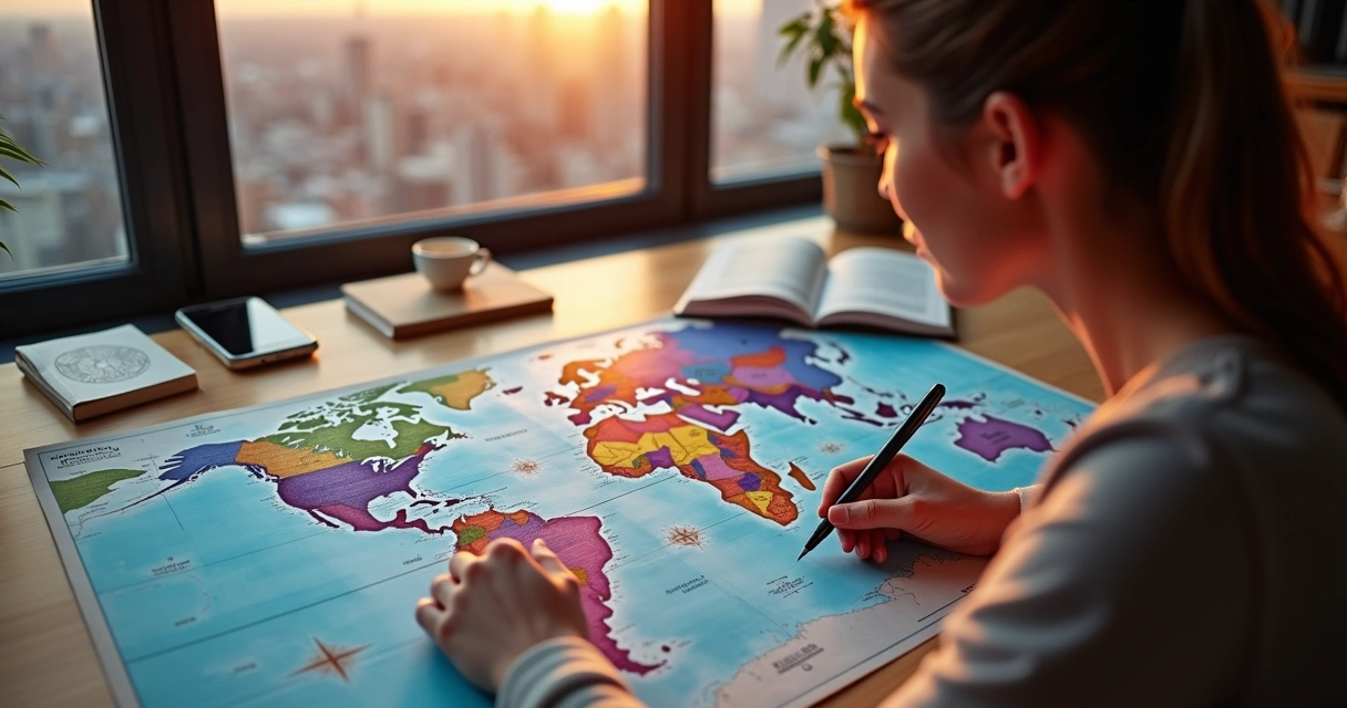 Mulher analisando mapa-múndi com linhas astrológicas coloridas 