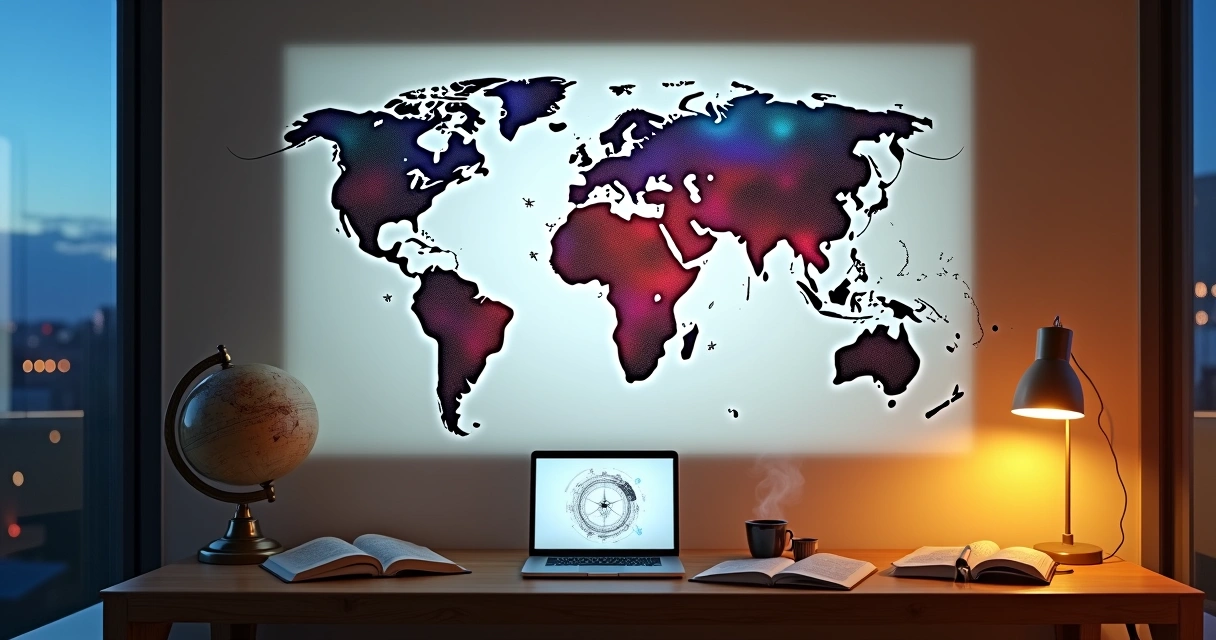 Mapa-múndi projetado em parede com linhas de astrocartografia coloridas 