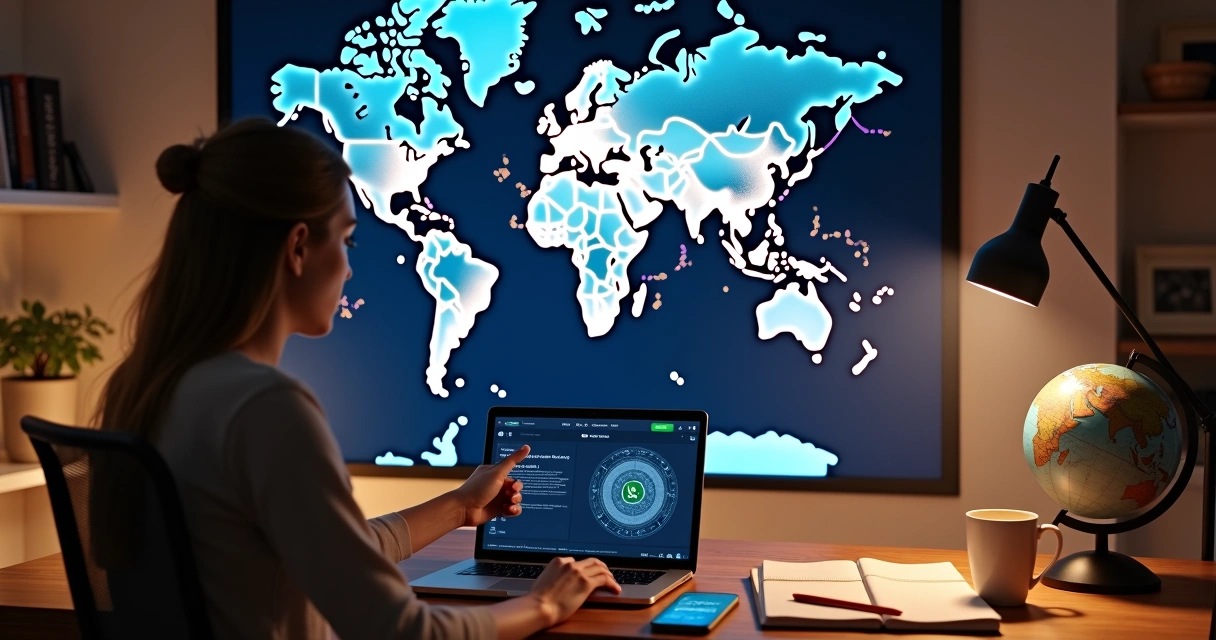 Mapa mundi com linhas de astrocartografia e mulher analisando mapa astral 