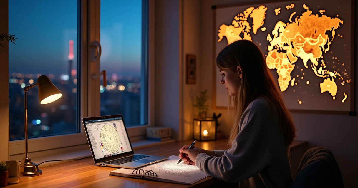 Mulher observando mapa astral e mapa mundi iluminado por linhas astrológicas 