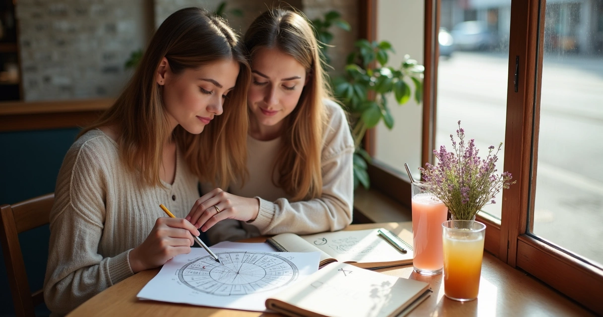 Duas amigas analisando mapas astrais com símbolos femininos
