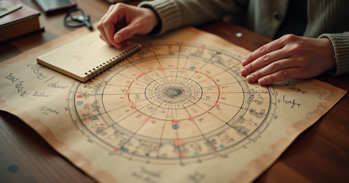 Mapa astral aberto sobre uma mesa, com elementos astrológicos e coração desenhado 