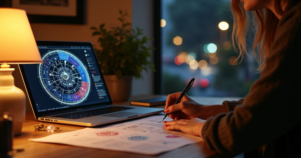 Mulher analisando mapa astral em mesa com símbolos de astrologia 
