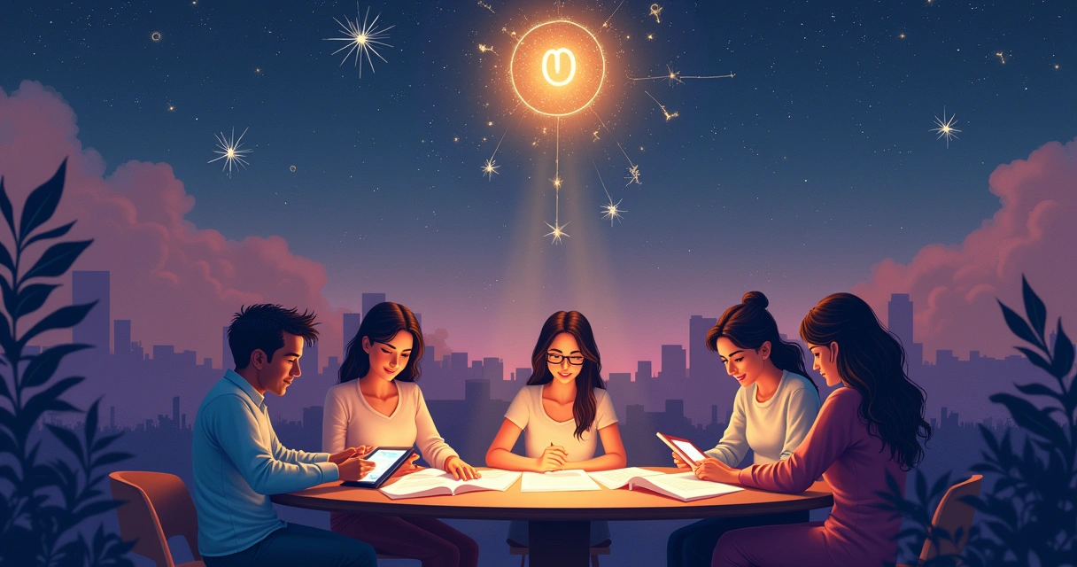 Ilustração de pessoas ao redor de uma mesa, cercadas por símbolos astrológicos num fundo de céu estrelado.