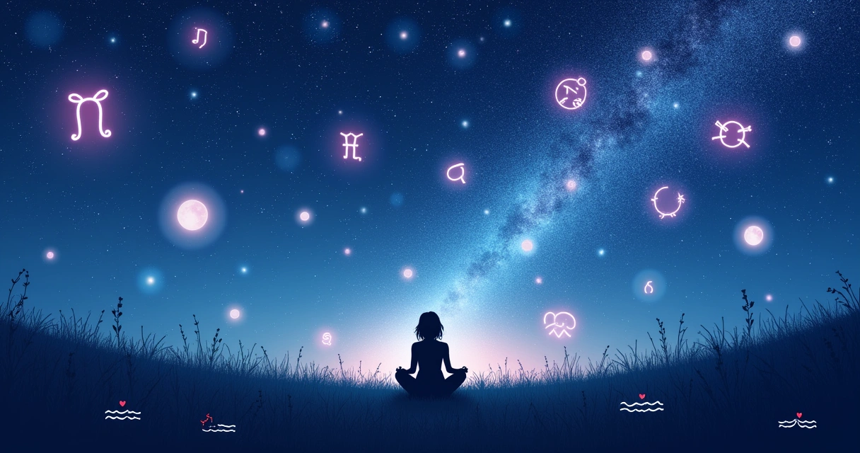 Ilustração da astrofísica, pessoa contemplando astros, símbolos zodíaco e uma atmosfera serena.