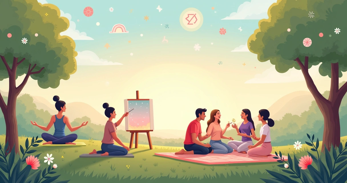 Ilustração de um grupo diverso realizando atividades de autocuidado em um cenário natural, com símbolos astrológicos no céu.