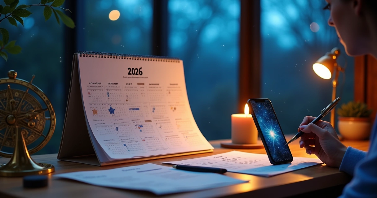 Calendário de 2026 com céu estrelado e símbolos astrológicos em destaque 