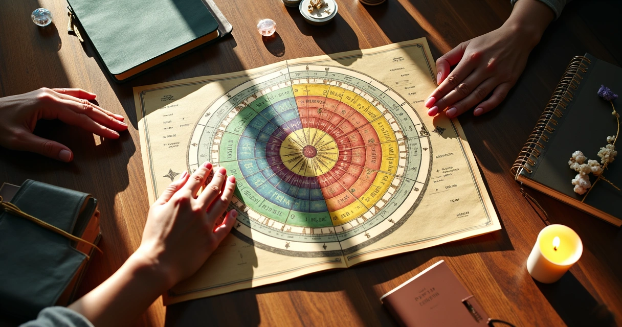 Mapa astral colorido com destaques em casas de finanças e símbolos astrológicos 