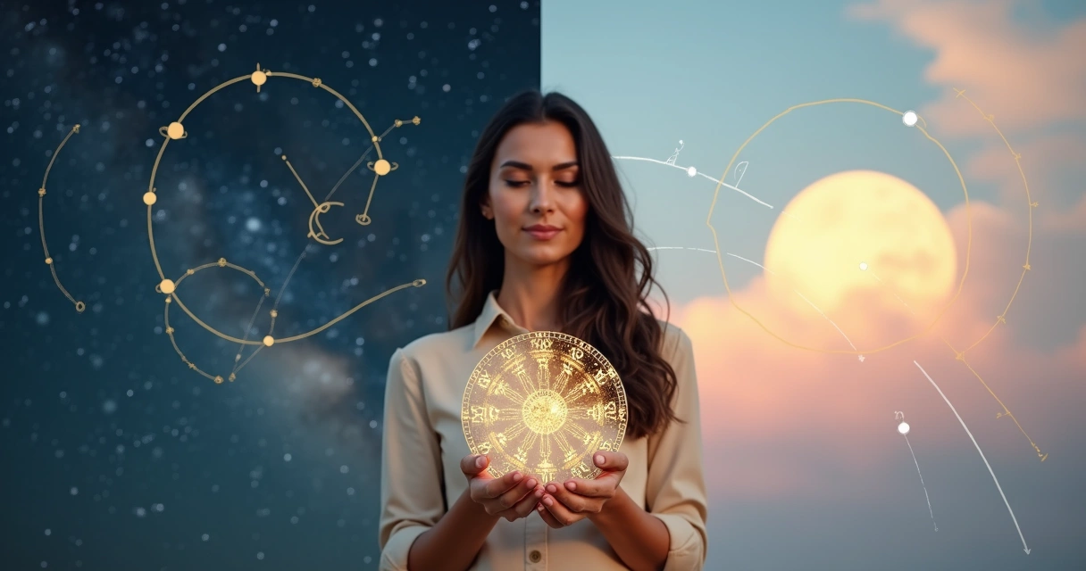 Astrologa segura relógio dourado transparente com símbolos astrológicos diante de céu dividido em dia e noite 