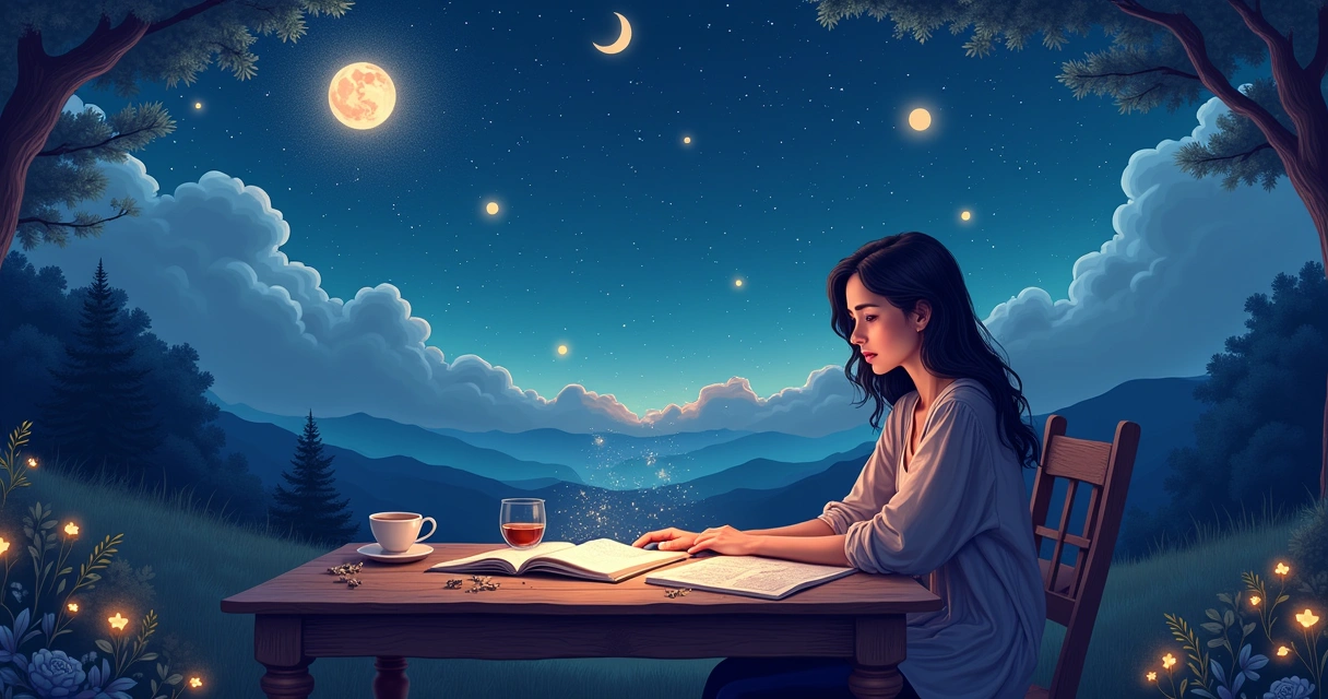 Ilustração de um astrólogo em noite clara, planejando com constelações e símbolos zodiacais ao redor.