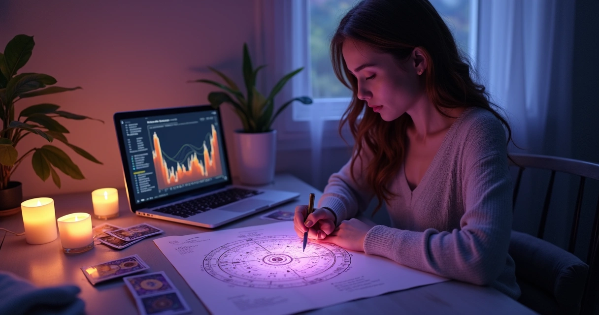 Mulher analisando mapa astral para previsões financeiras 