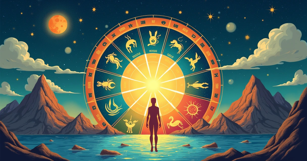 Ilustração astrológica mostrando a conexão entre signos do zodíaco e saúde, com corpo humano e planetas.