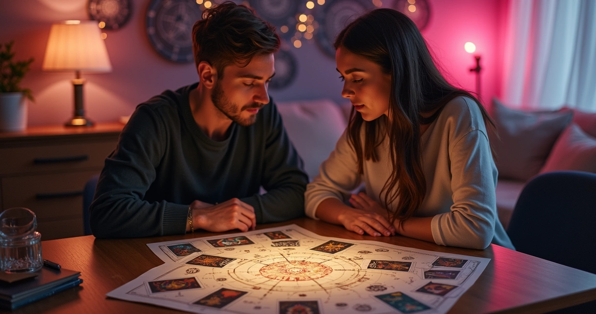Casal olhando cartas de tarot e mapa astral juntos 