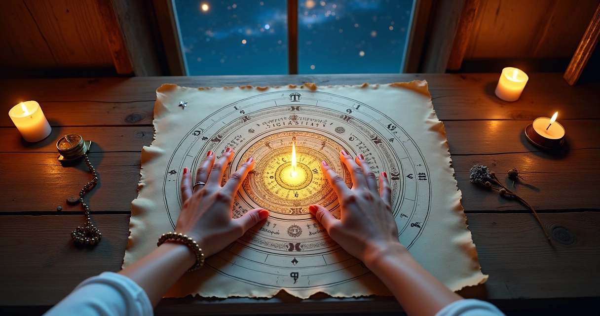 Mapa astrológico védico com mandala de karma e luz dourada 