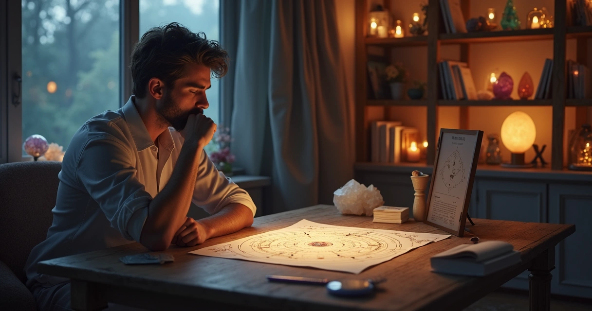Pessoa refletindo diante de um mapa astral com luz incindindo 