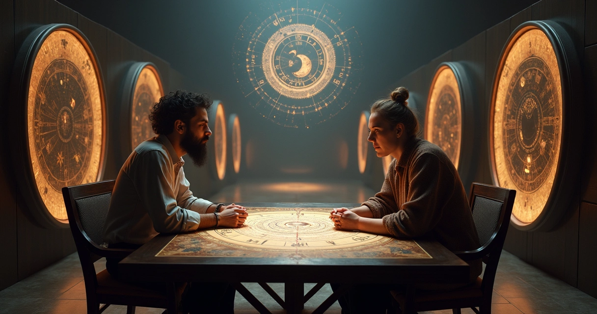 Astrólogo mostrando mapa astral a cliente, ambos diante de espelhos refletindo diferentes caminhos 