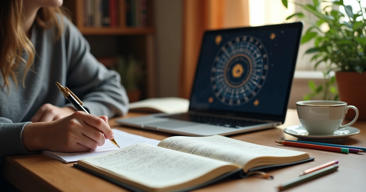 Astrology student’s desk with handwritten notes and laptop 