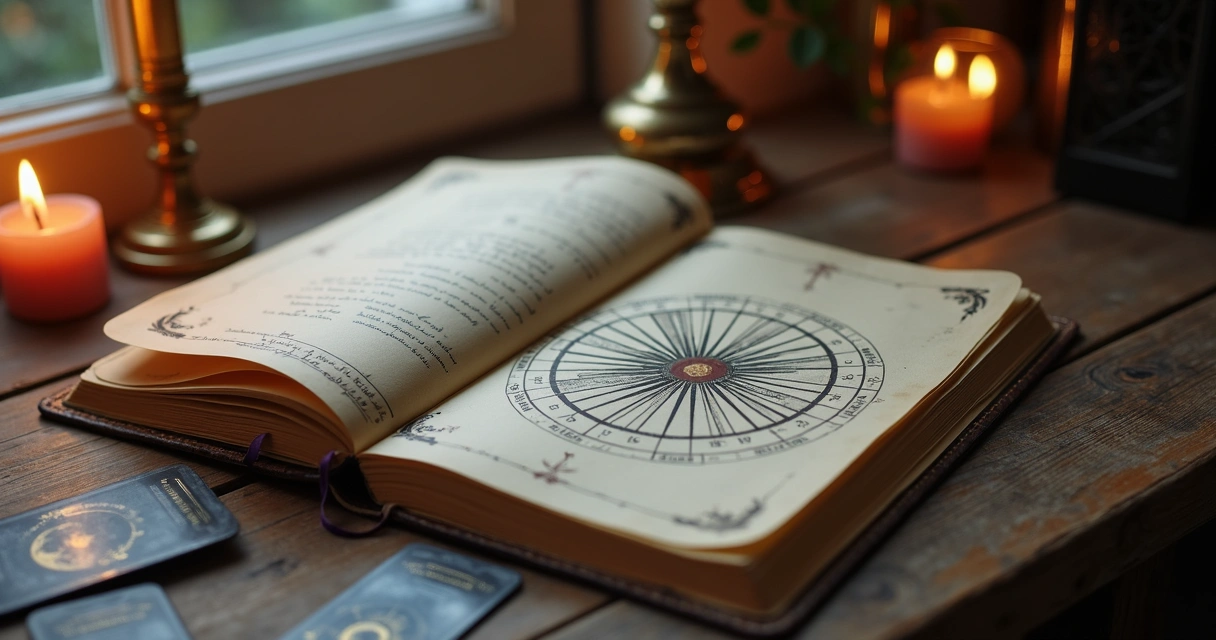Astrology chart and tarot journal on desk 