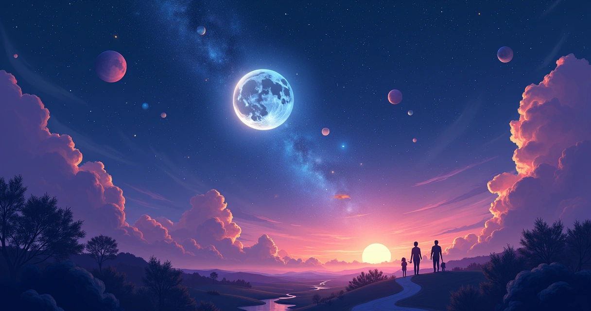 Ilustração cósmica com céu noturno, planetas, Lua cheia e cenário de pessoas interagindo com oportunidades.