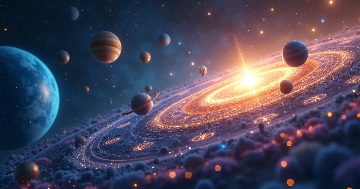 Representação de planetas com gráficos financeiros ao fundo 