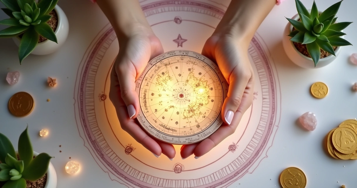 Mãos femininas segurando mapa astral iluminado com símbolos de prosperidade 