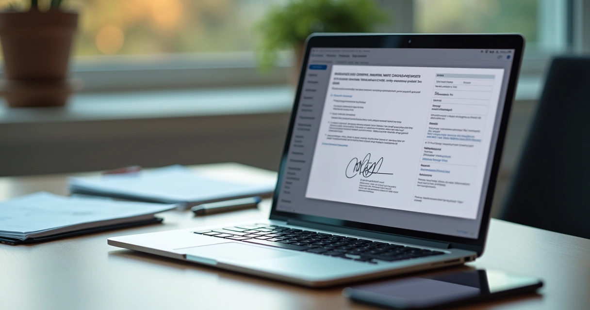 Assinatura digital em documento de ata eletrônica com plataforma aberta no notebook 