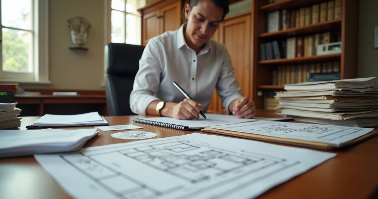 Tabelião analisando documentos de imóvel em cartório