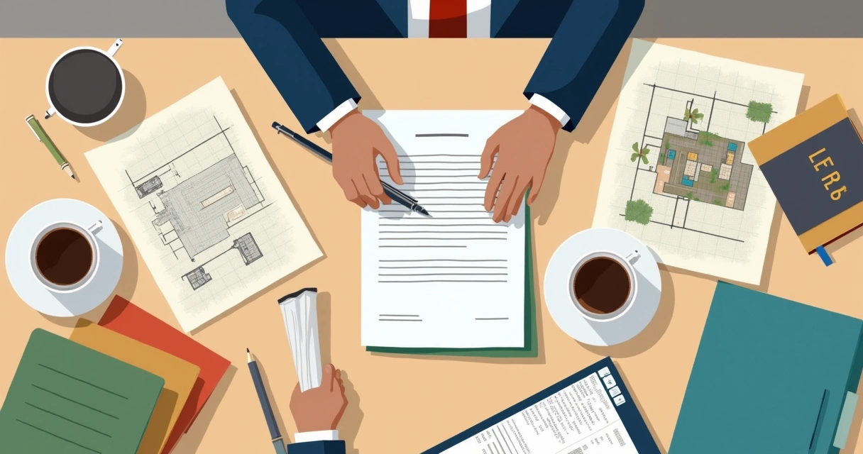 Tabelião redigindo ata notarial e documentos do imóvel em uma mesa 