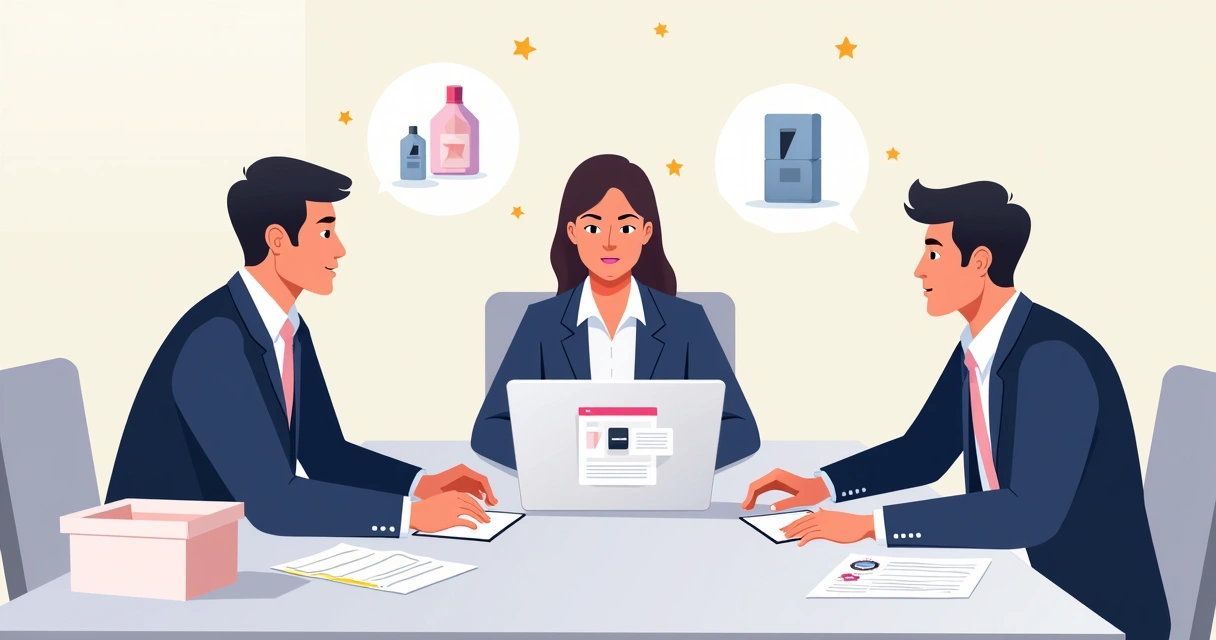 Mesa com notebook mostrando catálogo digital e distribuidores analisando produtos 