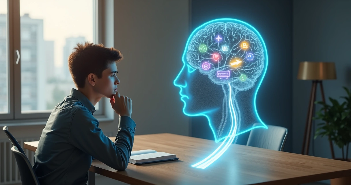 Persona frente a varios caminos decidiendo guiada por señales mentales 