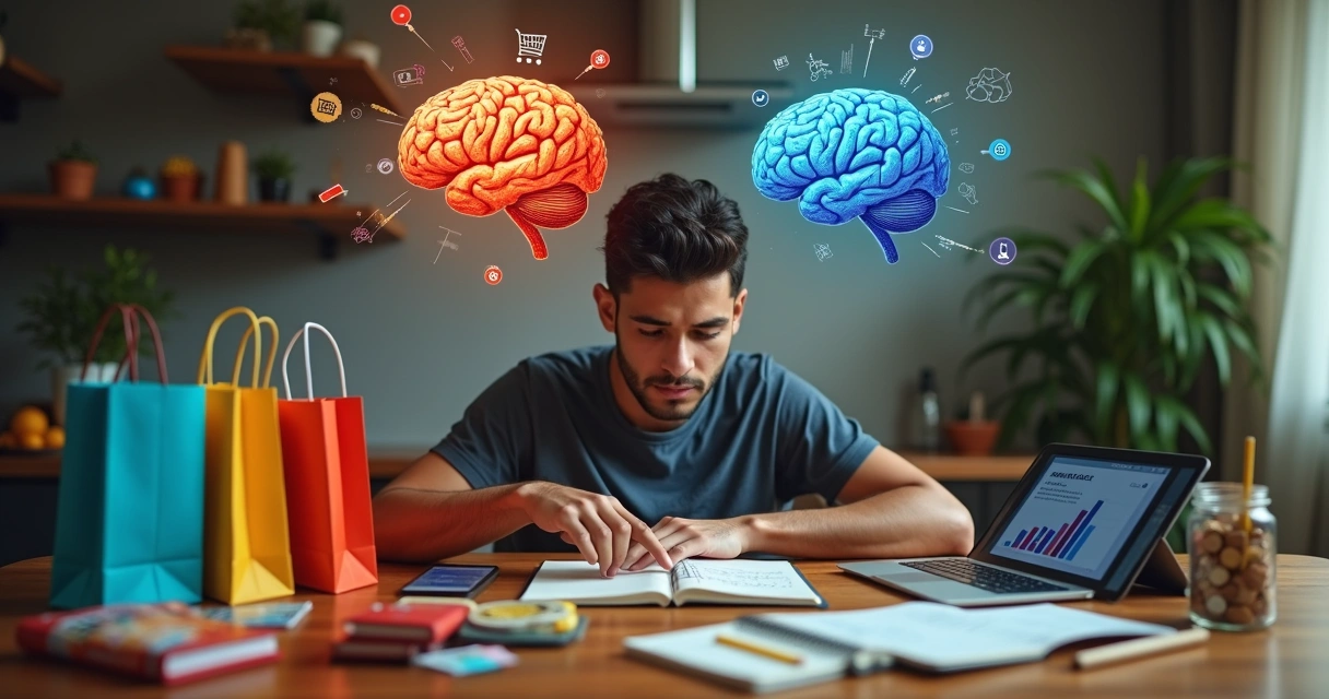 Pessoa dividida entre gastar por impulso e economizar com símbolos de dinheiro ao redor 