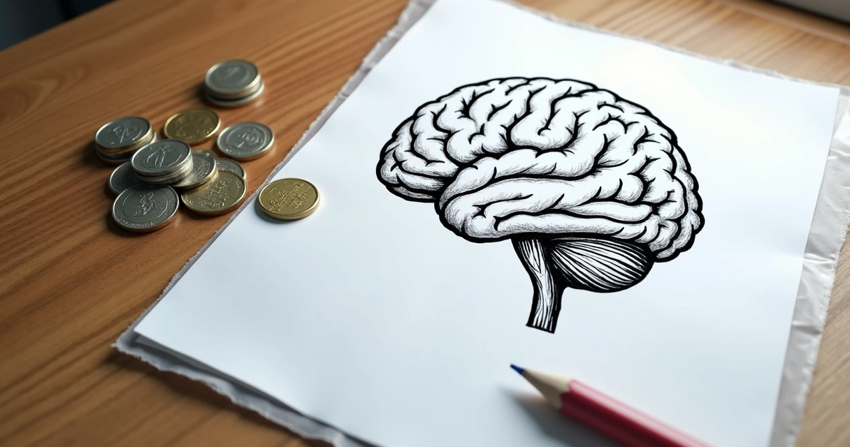 Pilha de moedas ao lado de um cérebro desenhado em papel 