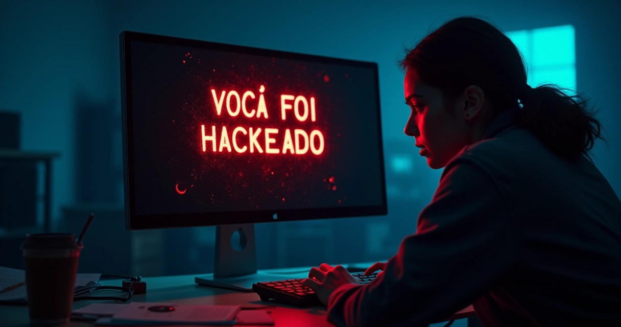 Monitor com a mensagem VOCÊ FOI HACKEADO, ambiente escuro e elementos digitais relacionados à segurança.online.