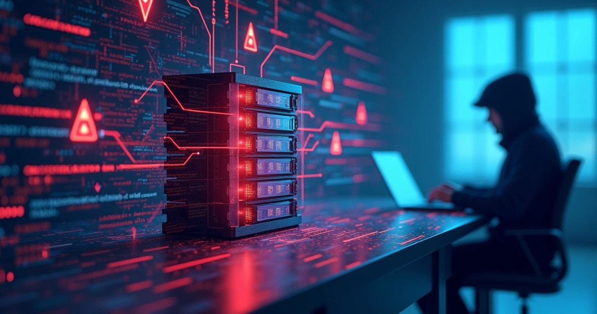 Ilustração de servidor de banco de dados sendo atacado digitalmente. 