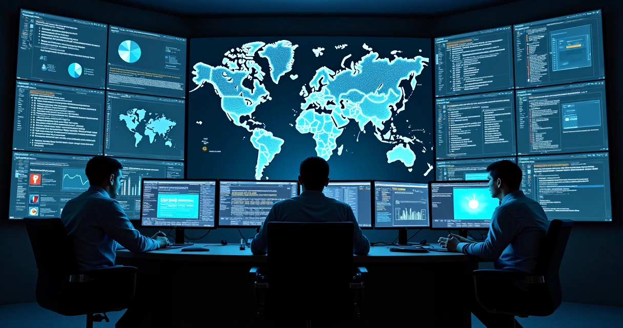 Telão de monitoramento com alertas de crimes cibernéticos em redes sociais 
