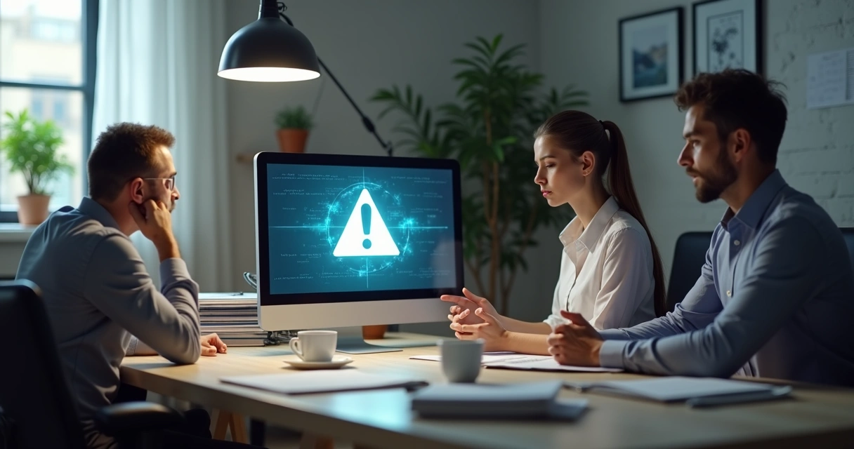 Equipe de pequena empresa preocupada após notificação de ameaça digital