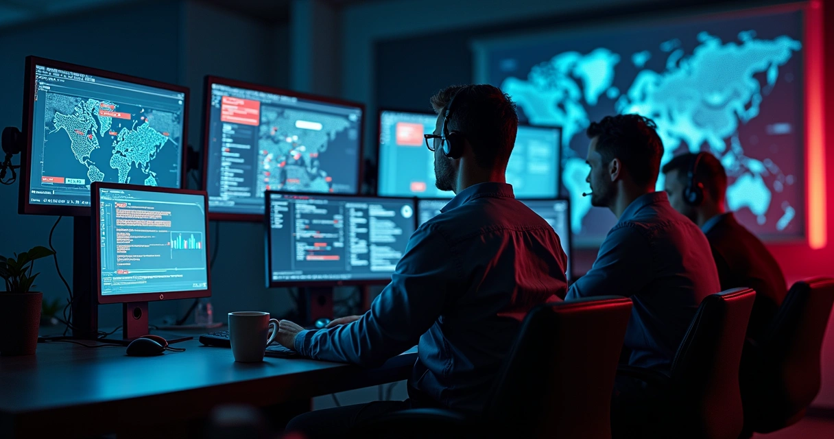 Equipe de TI analisando alertas de ciberataque em telas