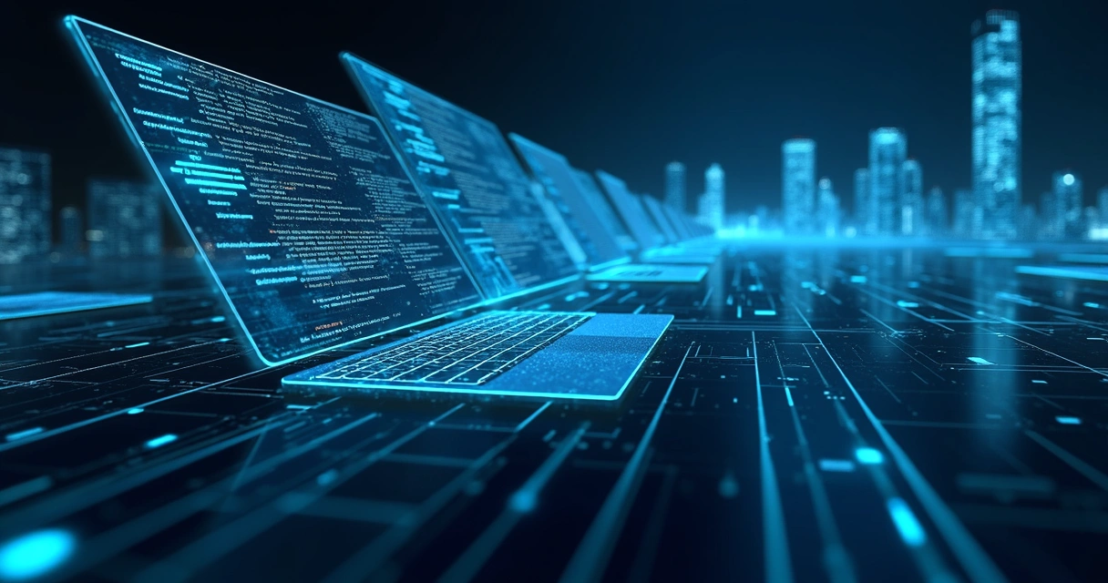 Ilustração de ataque cibernético autônomo por IA com interface digital complexa, códigos e redes em azul e preto 